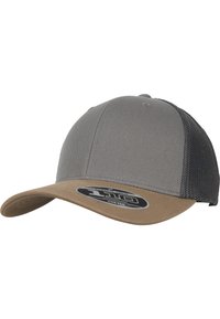 Gray cap with a light brown bill, made of fabric and mesh. Features a rounded crown and a flat brim with a label on the front.