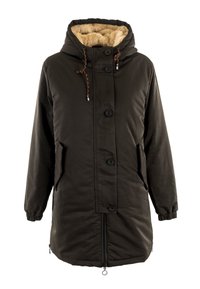 Parka aislante de color verde oscuro con capucha forrada de piel, botones en el frente, bolsillos laterales y cordones ajustables. Detalle de dobladillo con cremallera.