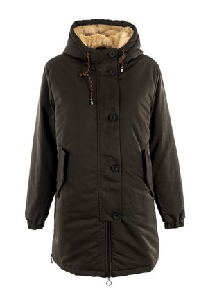 Parka isolée vert foncé avec une capuche en fourrure, boutons sur le devant, poches latérales et cordons de serrage ajustables. Détail de l'ourlet zippé.