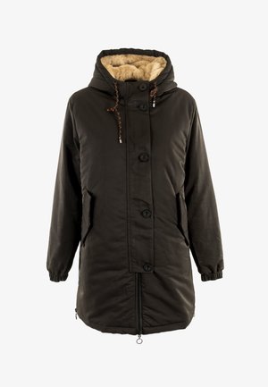 Parka isolée vert foncé avec une capuche en fourrure, boutons sur le devant, poches latérales et cordons de serrage ajustables. Détail de l'ourlet zippé.