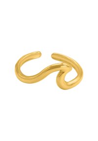 Anello in metallo dorato con un design fluido e ondulato, caratterizzato da superfici lisce e lucide e estremità aperte per una vestibilità regolabile.