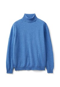 Modrý dlouhý svetr s rolákem a vroubkovaným límcem, manžetami a lemem, vystavený na bílém pozadí.