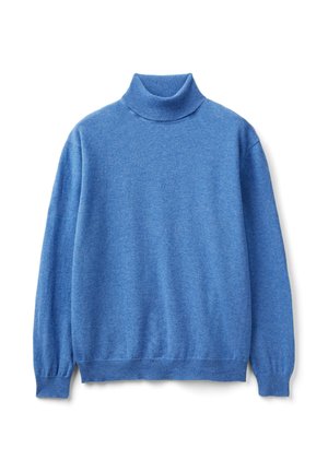 Maglione a maniche lunghe blu con collo alto, polsini e fondo a coste, esposto su uno sfondo bianco.