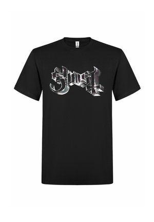 Sort kortærmet T-shirt med metallisk sølv gotisk tekst, der staver "Ghost" centreret på fronten.
