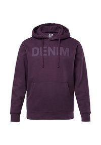 Felpa viola realizzata in morbido tessuto con tasca frontale, cappuccio con lacci e la scritta "DENIM" stampata sul petto in un design discreto.