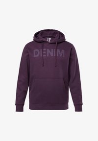 Sudadera morada de tejido suave con un bolsillo frontal, capucha con cordón y la palabra "DENIM" impresa en el pecho con un diseño sutil.