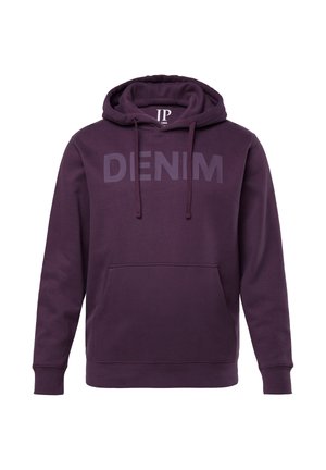 Sudadera morada de tejido suave con un bolsillo frontal, capucha con cordón y la palabra "DENIM" impresa en el pecho con un diseño sutil.