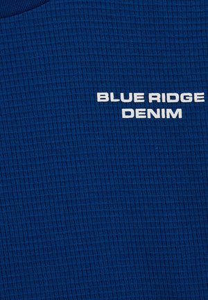 Blå texturerad tyg med ett rutmönster i mörkblått, med texten "BLUE RIDGE DENIM" i vitt.