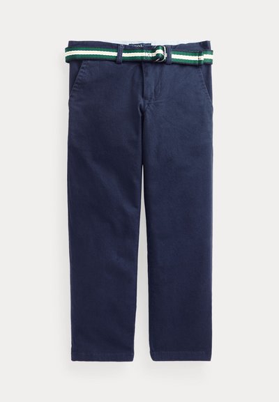 Pantalons en coton navy avec une ceinture rayée verte et blanche. Présente des poches avant et une texture lisse. Design à jambes droites.