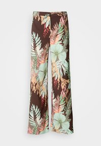 Wide-leg trousers featuring a dark brown fabric with a vibrant floral and leafy pattern in shades of green, red, and peach. Soft, lightweight material.
