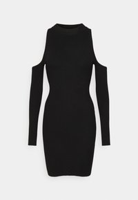 Robe tricotée noire à côtes avec des manches longues et des découpes sur les épaules. Silhouette ajustée et encolure ronde. Texture lisse sur l'ensemble.