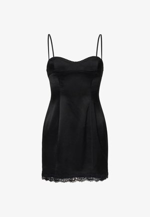 Sort satin minikjole med tynde stropper, bølget udskæring, tætsiddende silhuet og blondertrim ved kanten.