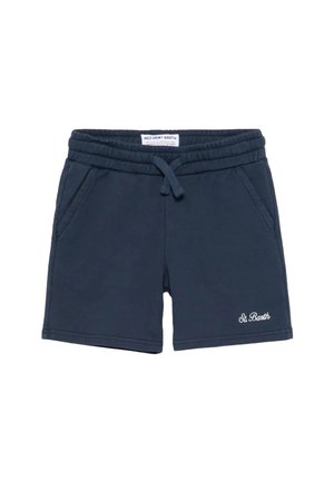 Pantaloncini casual blu navy con vita elastica, coulisse, tasche laterali e "St Barth" ricamato sulla parte bassa della gamba sinistra.