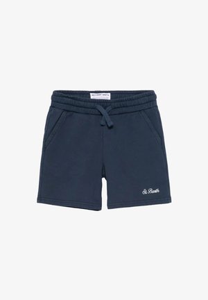 Pantaloncini casual blu navy con vita elastica, coulisse, tasche laterali e "St Barth" ricamato sulla parte bassa della gamba sinistra.
