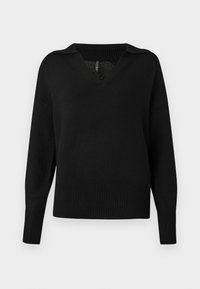 Sweater preto de malha de manga longa com decote em V e colarinho, punhos e bainha canelados.