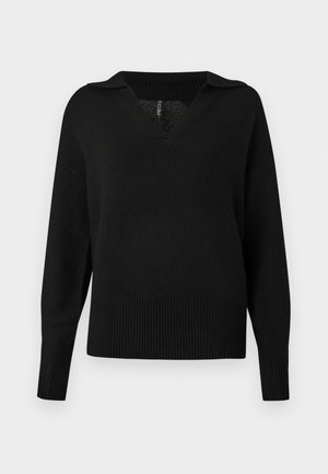 Maglione nero a maniche lunghe in maglina con scollatura a V e colletto, polsini e orlo a costine.