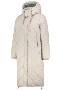 Long manteau d'hiver matelassé beige avec capuche, cordons, boutons-pression sur toute la longueur, poches latérales zippées et poignets côtelés.