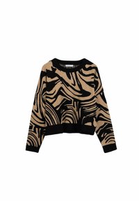 Sweter dzianinowy w tanowym i czarnym abstrakcyjnym wzorze, okrągły dekolt, długie rękawy oraz krótki fason. Tekstura wydaje się być miękka i przytulna.