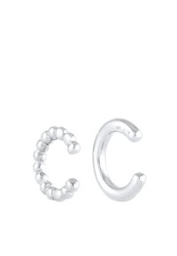 Silberohrringe mit einem Perlen-Schleifen-Design und einer glatten, geschwungenen C-Form. Beide sind poliert und aus 925er Sterlingsilber gefertigt.