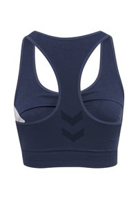 Brassière de sport bleu marine sans coutures avec un dos nageur et deux bandes chevrons foncées au centre du dos.