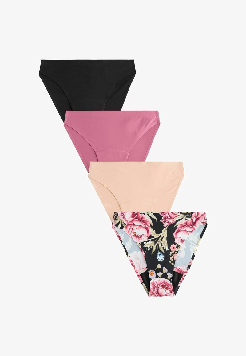 Štyri páry dámskych nohavičiek v čiernej, ružovej, broskyňovej farbe a s kvetinovým čiernym vzorom. Tkanina je hladká, s klasickým strihom nohavičiek a elastickým pásom.