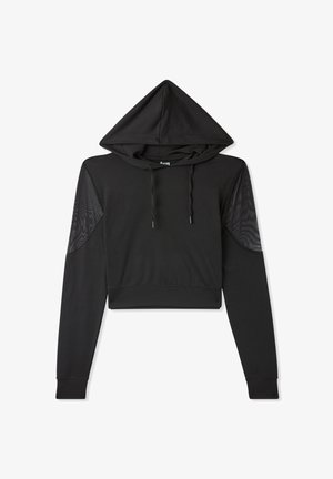 Felpa nera cropped con cappuccio regolabile, maniche lunghe e pannelli laterali in rete. Realizzata in tessuto morbido e elasticizzato. Superficie liscia.