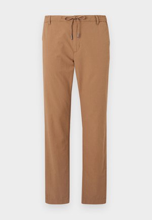 Braune Hose aus strukturiertem Stoff mit einem Kordelzugbund und metallischen Akzenten. Gerade Schnittform ohne erkennbare Muster oder Taschen.