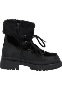 Botas negras hasta el tobillo con un puño de piel sintética texturizada, cuerpo de cuero suave, cordones en contraste y una suela gruesa y resistente para mayor tracción.