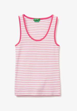 Débardeur blanc sans manches avec de fines rayures horizontales roses et des bordures roses autour de l'encolure et des emmanchures.