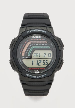 Reloj digital Casio con correa negra, mostrando la fecha viernes 13-2, la hora 1:12:55, temporizador de cuenta regresiva, resistente al agua hasta 100 m, batería de 10 años.