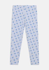 Lichtblauwe leggings met een herhaald bloempatroon van blauwe bloemen en gele stelen, gemaakt van een zachte, rekbare stof.