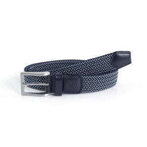 Navy blue and white woven fabric belt with black leather ends and a silver metal rectangular buckle, coiled on a white background.