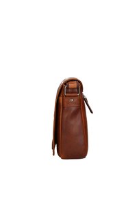 Borsa in pelle marrone con una forma rettangolare piatta, bordi arrotondati e una cerniera laterale. Presenta una fibbia in metallo e dettagli cuciti.