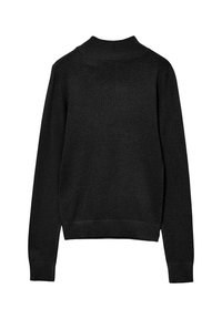 Maglione nero a maniche lunghe con colletto alto e polsini e orlo a coste, presentato di spalle su uno sfondo bianco.