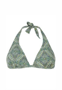 Žalias bikini viršus su trikampiais puodeliais, surišama kaklo juosta, puikuojasi sudėtingu geometriniu raštu su kreminėmis ir geltonomis akcentais. Lygus tekstūra.