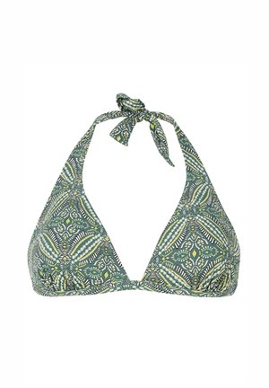 Top bikini verde con coppe triangolari, con allacciatura al collo e un intricato motivo geometrico con accenti crema e gialli. Texture liscia.