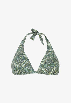 Grüner Bikini-Oberteil mit dreieckigen Cups, bindbarem Halterneck, ausgestattet mit einem komplizierten geometrischen Muster in Creme- und Gelbtönen. Glatte Textur.