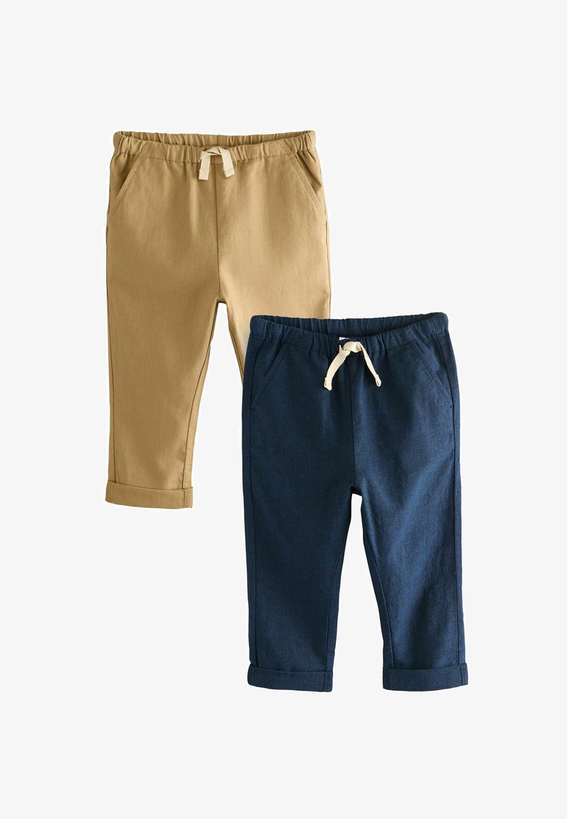 Two pairs of children's elastic waist pants with drawstrings, one tan and one navy blue, both with rolled cuffs and side pockets.