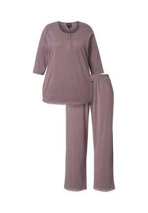 Dvoudílná pyžamová souprava v mauve. Halenka má kulatý výstřih, knoflíkovou légu a krajkové detaily. Kalhoty mají elastický pas a krajkový lem.