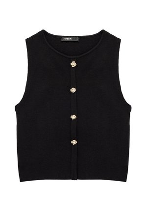 Gilet noir sans manches en maille avec un col rond et cinq boutons dorés décoratifs en forme de fleurs sur le devant.