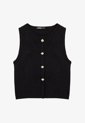 Gilet noir sans manches en maille avec un col rond et cinq boutons dorés décoratifs en forme de fleurs sur le devant.