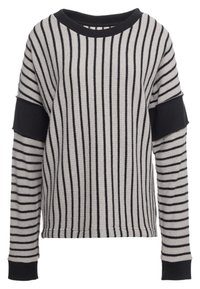 Randig tröja med ribbad struktur, med horisontella svarta och grå ränder, rund halsringning och svarta detaljer på ärmarna.