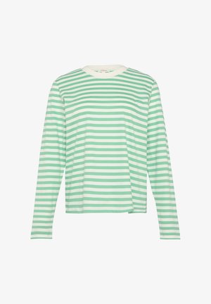 Długi rękaw w zielono-białe paski, z okrągłym dekoltem i luźnym krojem. Wykonany z miękkiej bawełny.