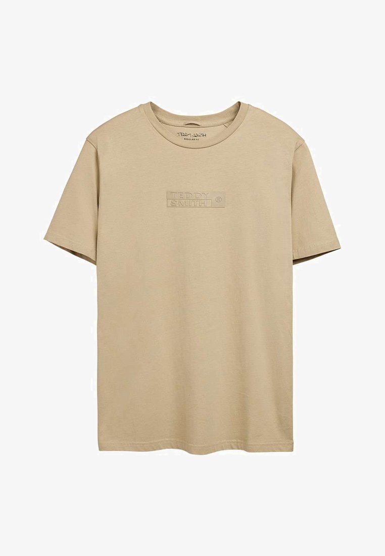 T-shirt beige à manches courtes avec col rond, logo "TEDDY SMITH" en relief centré sur la poitrine, coupe régulière.