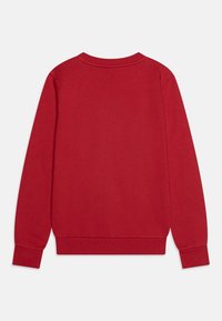 Felpa rossa con maniche lunghe, colletto arrotondato e polsini a coste. Tessuto dalla consistenza liscia con un colore uniforme e senza loghi o motivi visibili.