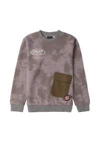 Felpa grigia e pastello in stile tie-dye con collo rotondo, caratterizzata da una tasca a toppa marrone e dettagli del logo sul petto e sull'orlo.