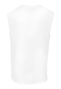 Hvid ærmeløs top lavet af blød stof, med rund hals og buet kant. Enkel og glat design uden yderligere detaljer.