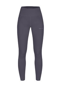 Dunkelgraue Sportleggings mit hohem Bund, glatter Textur und Seitentaschen; verfügen über ein subtil eingeprägtes Logo am Unterschenkel.