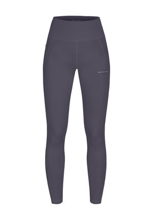 Donkergrijze sportlegging met een hoge tailleband, een gladde textuur en zijzakken; beschikt over een subtiel logo op het onderbeen.