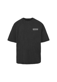 Sort bomulds T-shirt med korte ærmer og rund hals. Har hvid grafisk tekst på venstre side. Løs pasform med en glat tekstur.
